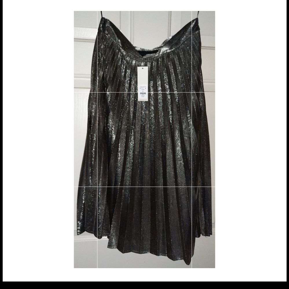 Metallic pleated midi skirt gun metal